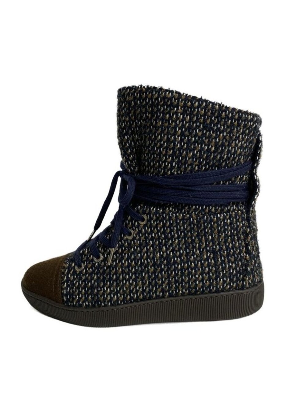 Chanel Sneakers 36.5 Dark Navy Dark Brown White Tweed High Cut Cotton - Picture 1 of 9